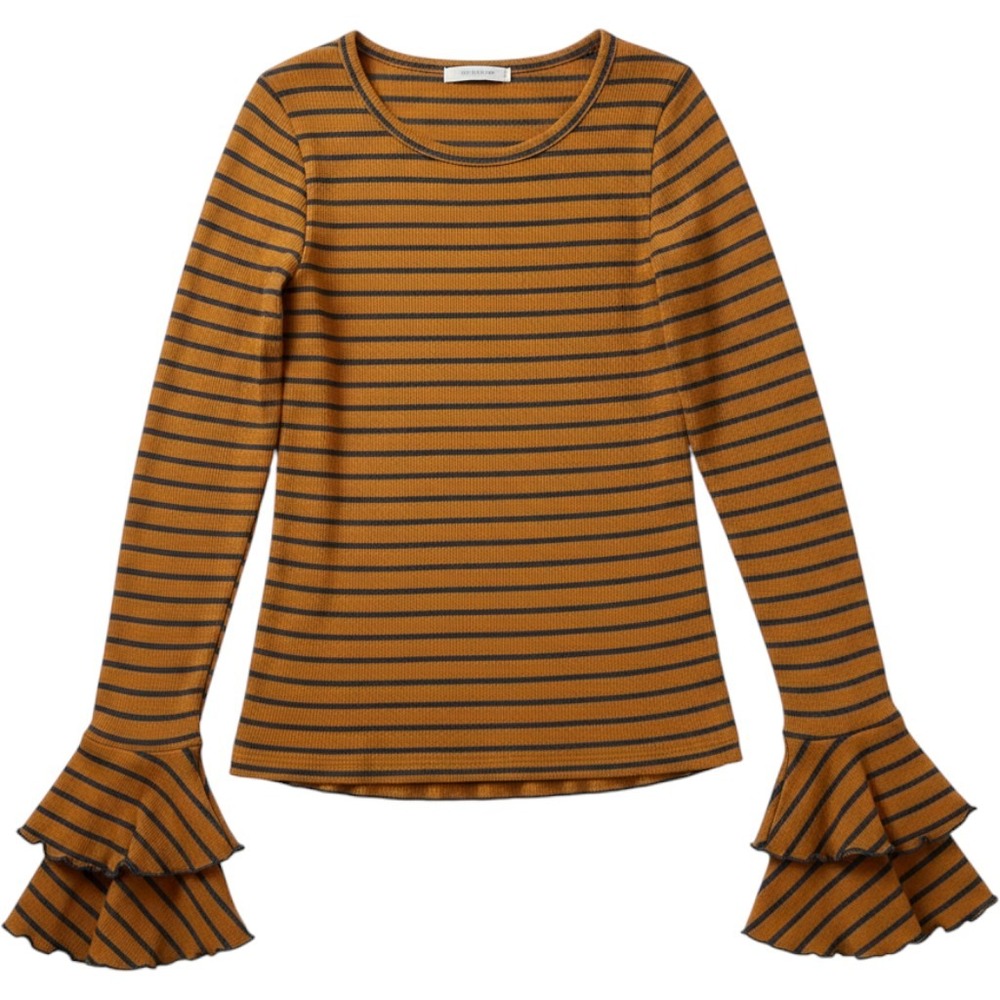 We The Free Striped Ruffle Bell Sleeve Top Womens Medium Mustard Yellow Boho